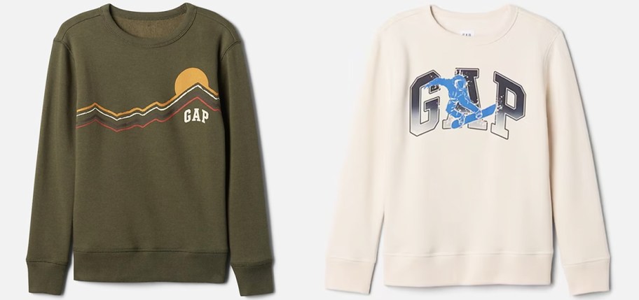 olive green and white graphic crewneck sweatshirts