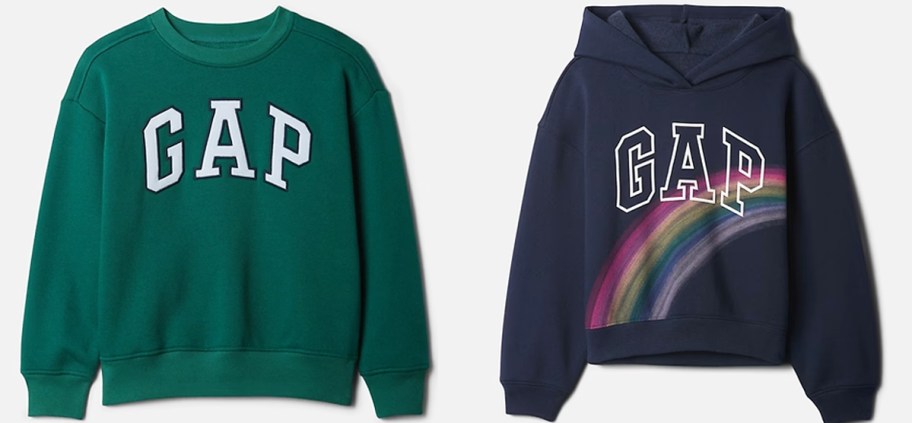 green gap sweatshirt and dark blue hoodie with a rainbow