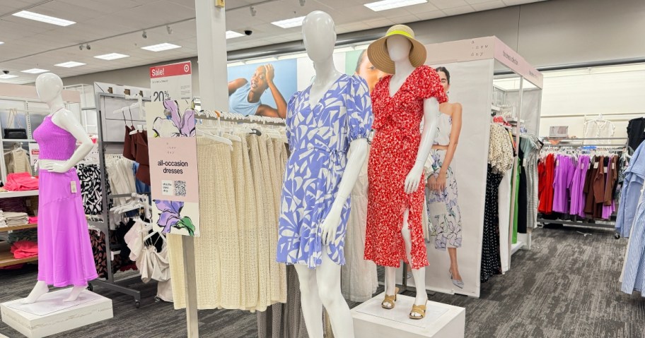 women's dresses on display on mannequins and racks in a Target store