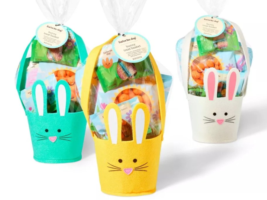 3 felt Easter bunny baskets with candy and snacks inside