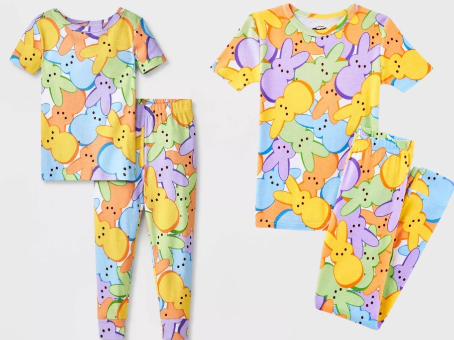 2 pairs of kids pajamas with colorful Peeps bunnies on them