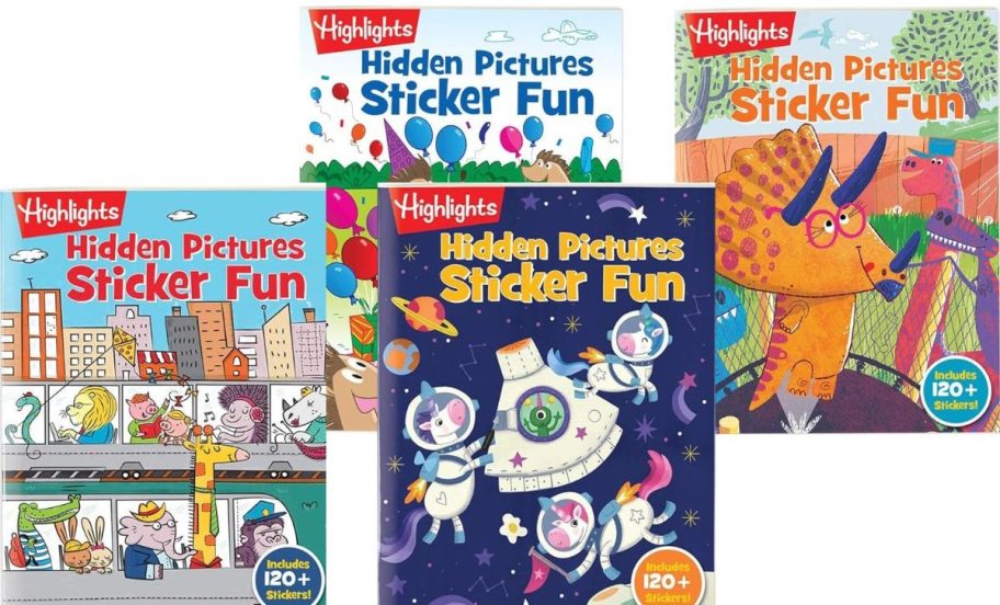 Stock images of four Highlights Hidden Pictures Sticker Books