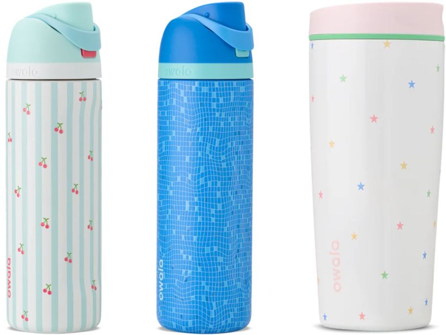 Stock images of three Owala Birthday Bash tumblers