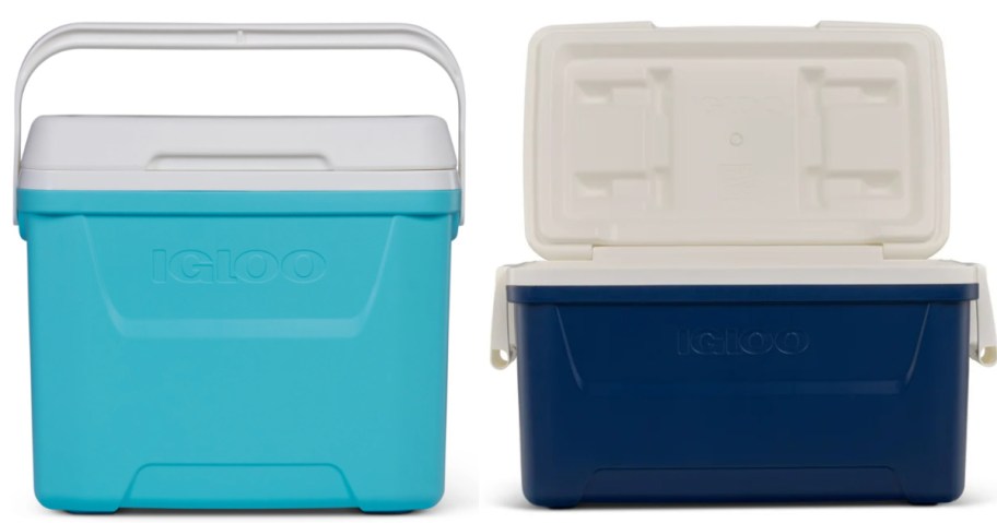 Light blue and dark blue igloo, hard coolers