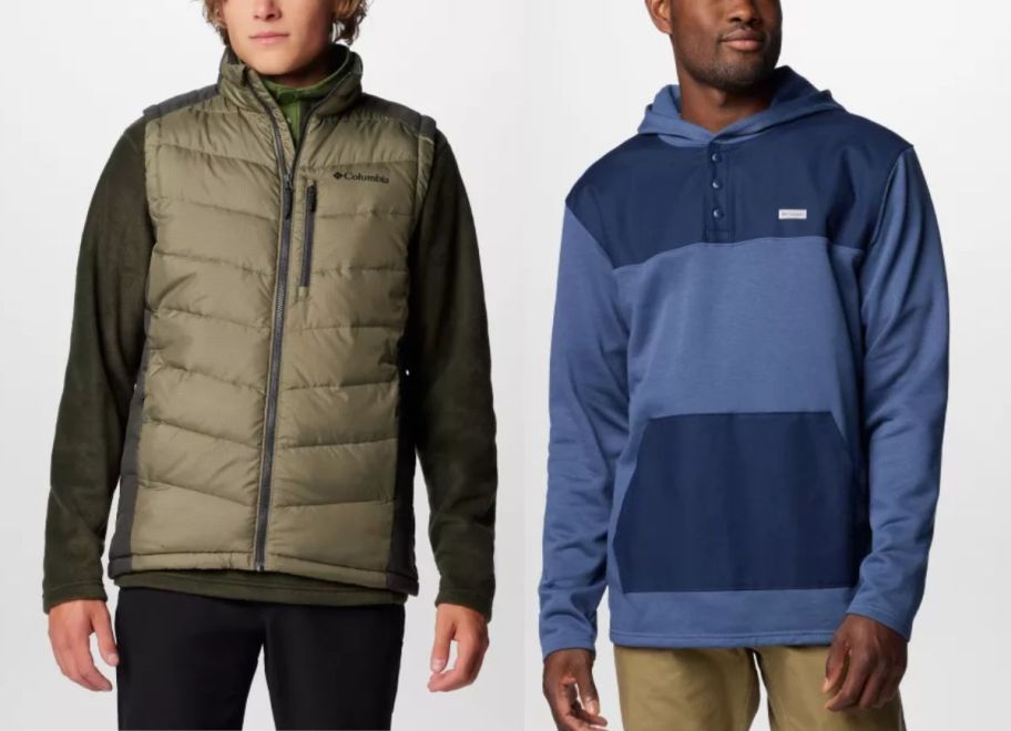 a man in a columbia vest and a man in a columbia fleece pullover