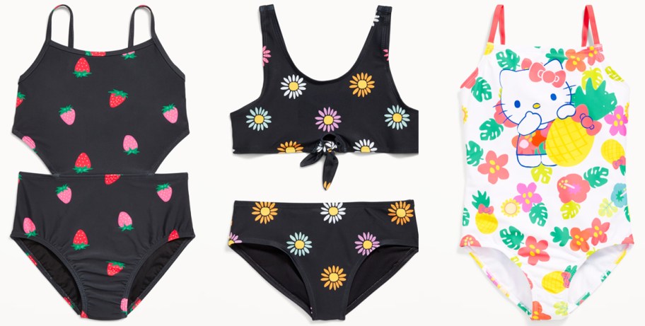strawberry, flowers, and hello kitty print swimsuits