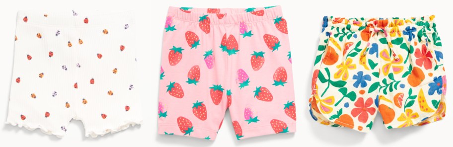 ladybug, strawberry, and floral print shorts