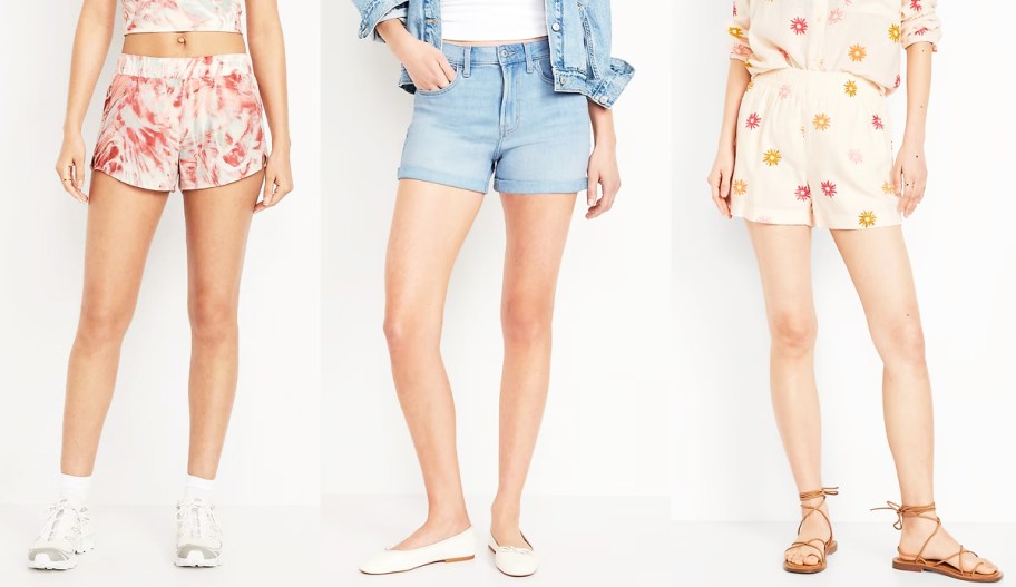 three women modeling shorts