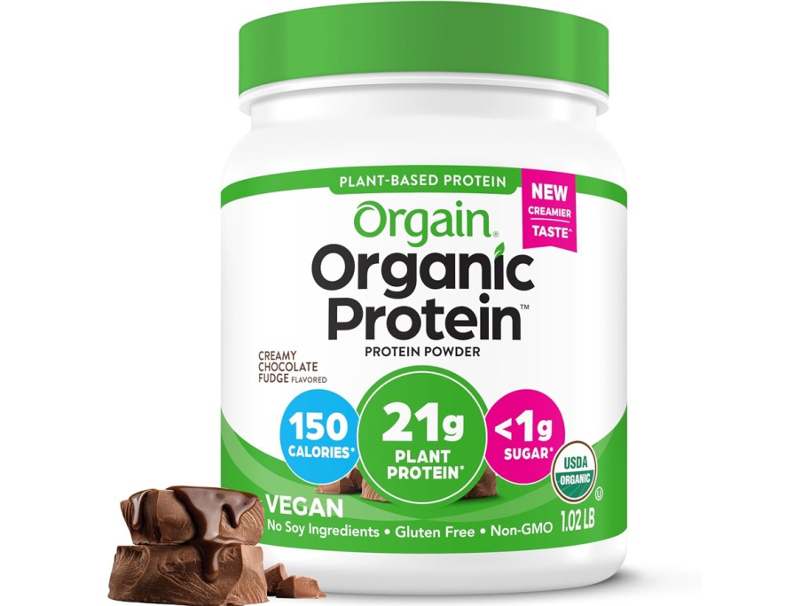 jar of Orgain Organic Vegan Protein Powder in chocolate fudge flavor
