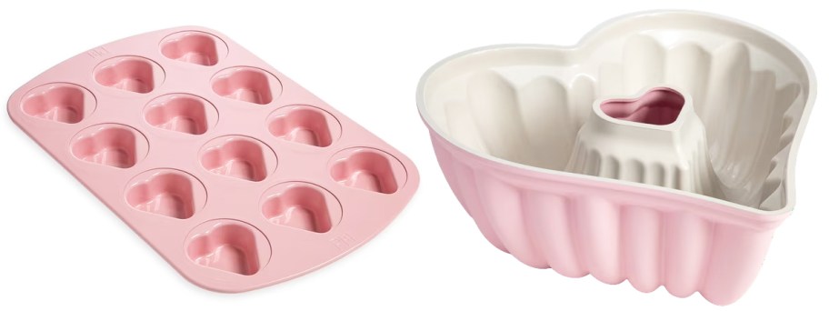 pink mini heart-shaped cakes pan and large heart-shaped bundt pan