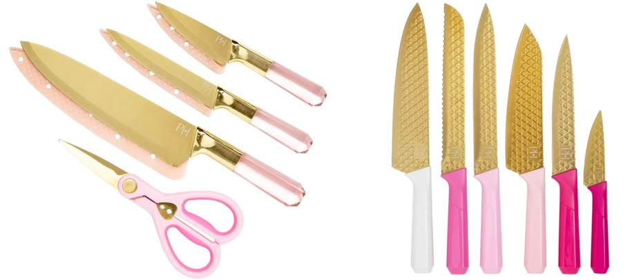 two pink and gold sets of kitchen knives