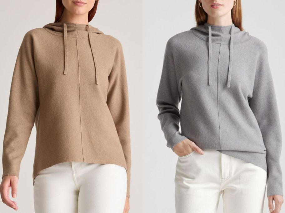 Stock images of two women wearing Quince Eco-Knit Women's Milano Stitch Pullover Hoodies