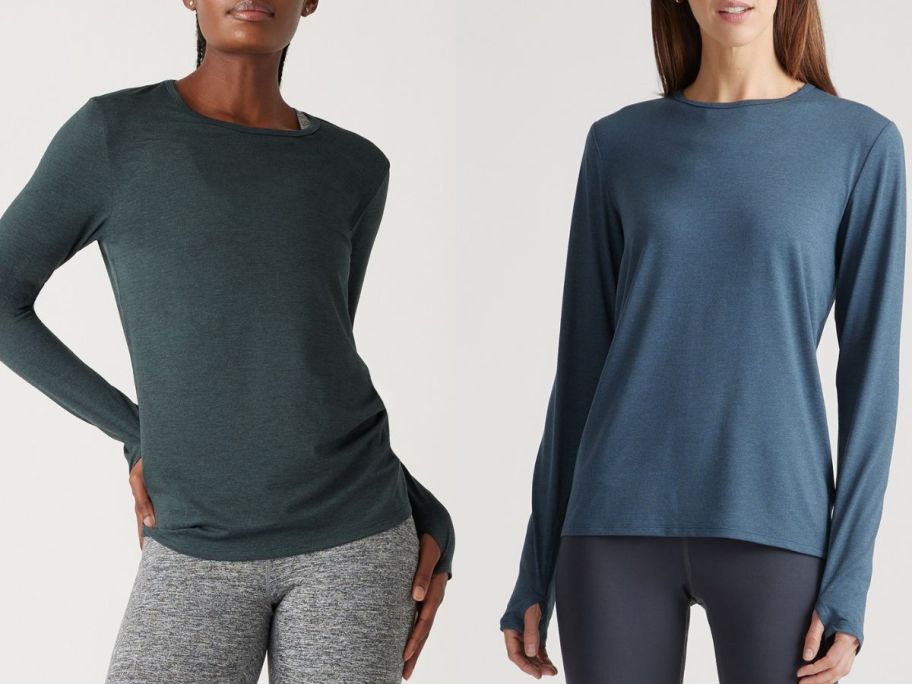 Stock images of two women wearing Quince Flowknit Women's Breeze Long Sleeve Top