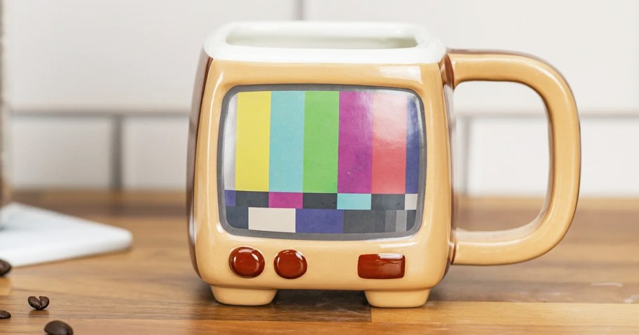 retro tv shaped mug on counter