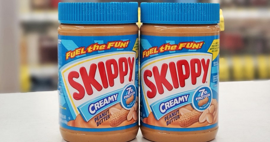 two jars of Skippy Creamy Peanut Butter