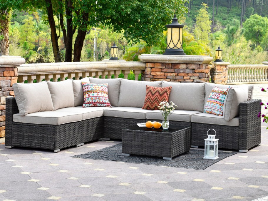 Sunrise Rattan Outdoor Sectional w_ Cushions & Steel Frame in grey