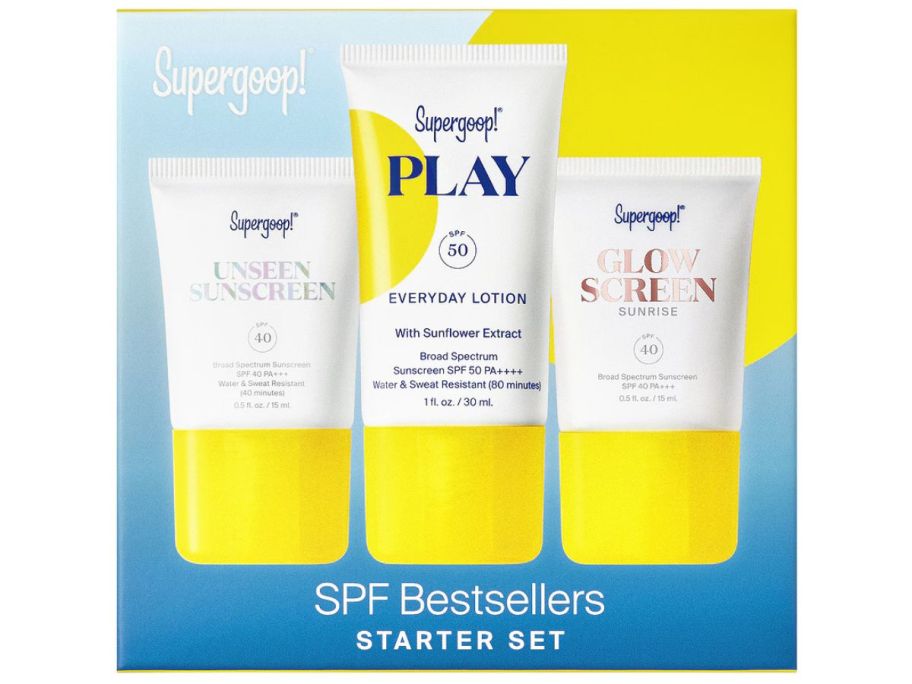 Supergoop sunscreen products with a blue background