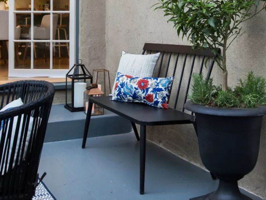 Threshold Windsor Metal Stack Patio Bench on patio