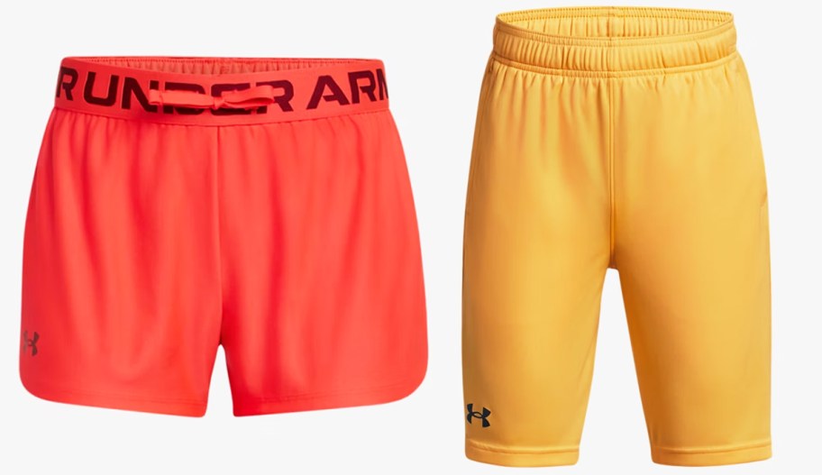 red and yellow pairs of under armour shorts