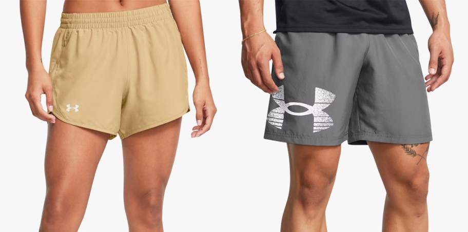 woman and man in tan and grey under armour shorts