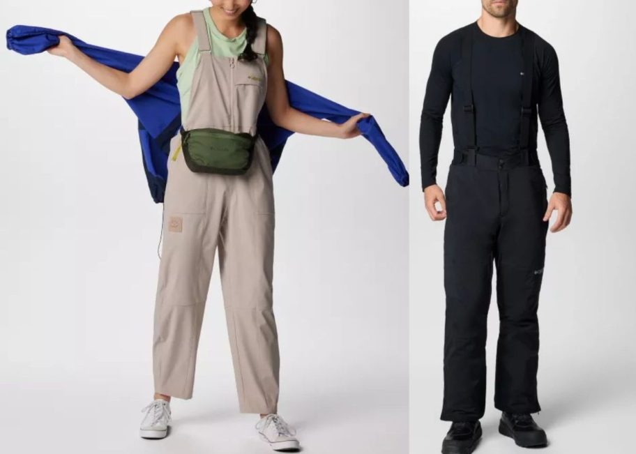 woman and man wearing columbia overalls 