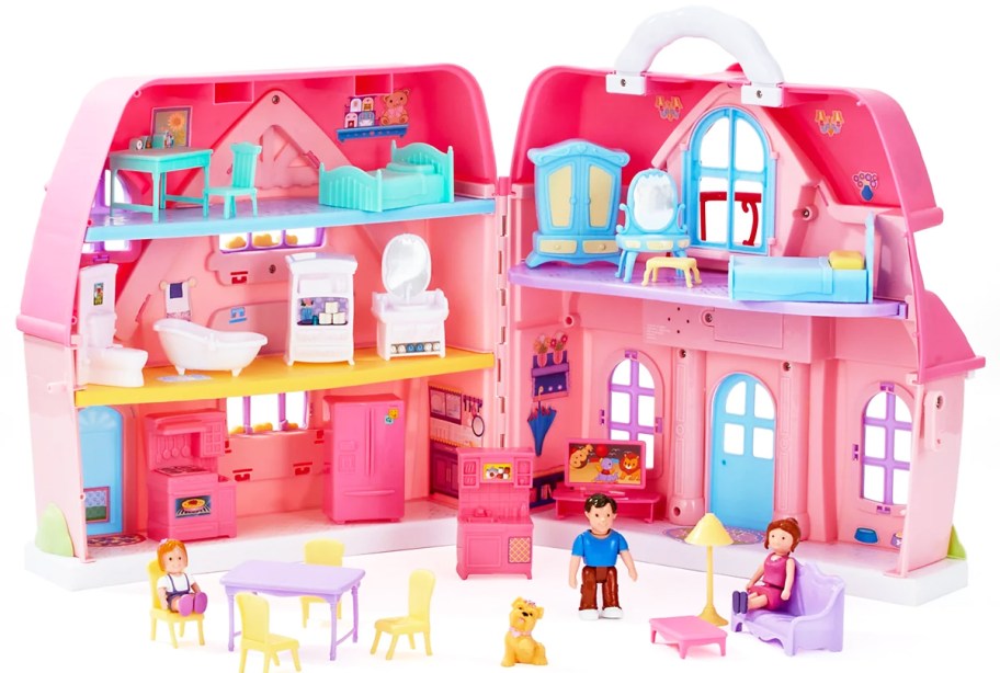 pink mini dollhouse playset with accessories 