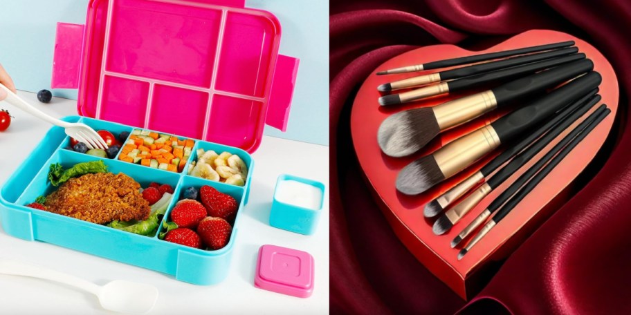 pink bento box with food in it and makeup brushes on heart tray 