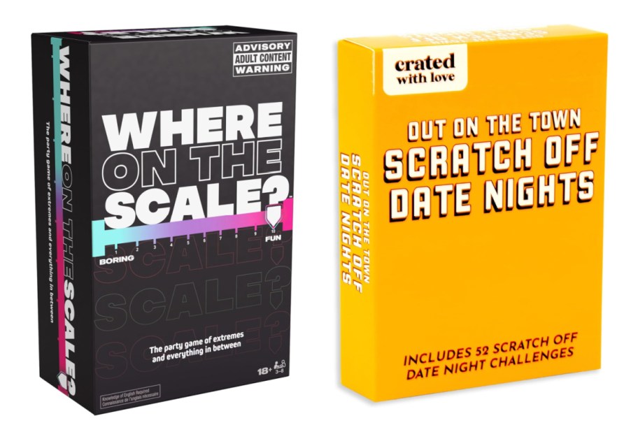 where on the scale and fate night scratch off party game boxes