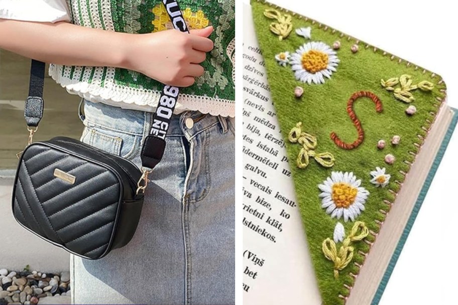 black quilted crossbody on shoulder and green corner bookmark