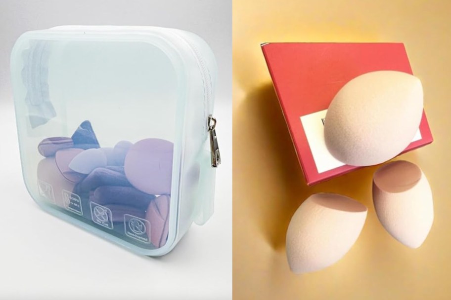 clear makeup bag and three makeup sponges