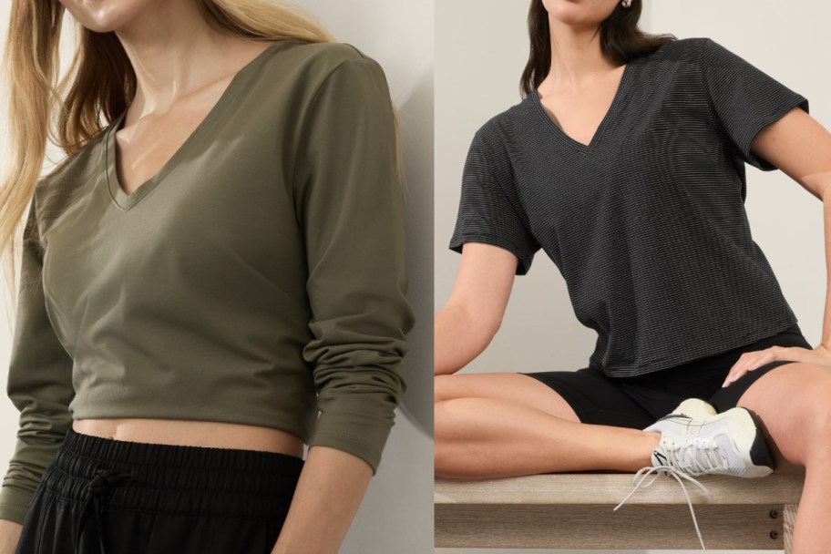 women in green v neck and striped tee
