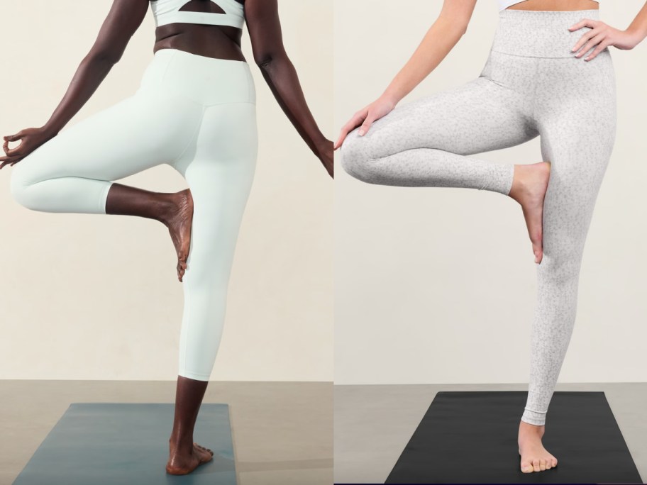 women in aqua blue and grey leggings