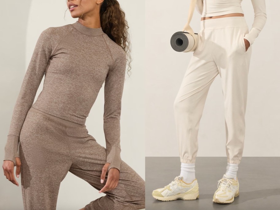 women in tan shirt and cream joggers