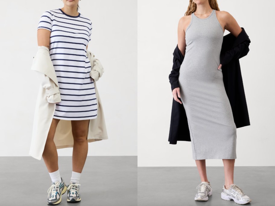women in striped dress and ribbed maxi dress