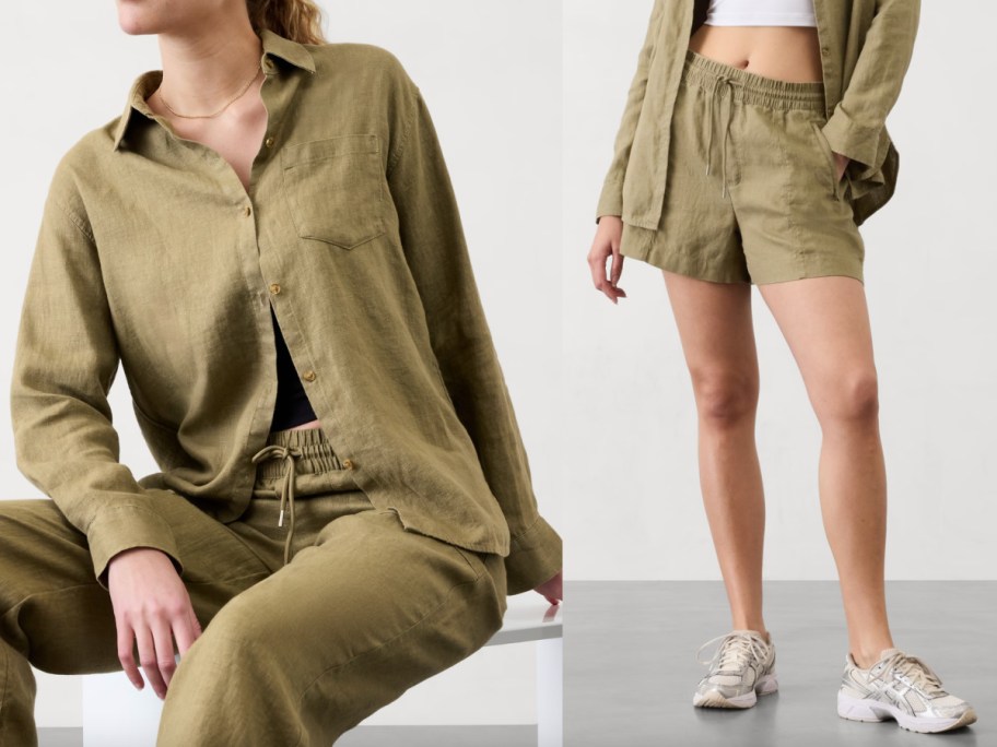 women in green linen button down and green shorts