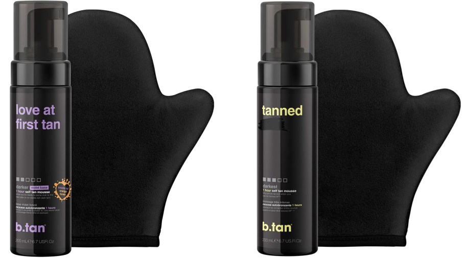 bottles of tanning mousse with self application mitts