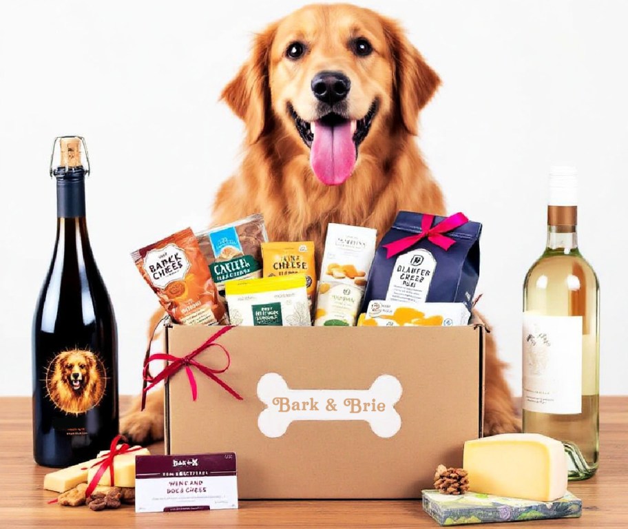 parody pet box with box in front of cardboard box with treats and dog wine