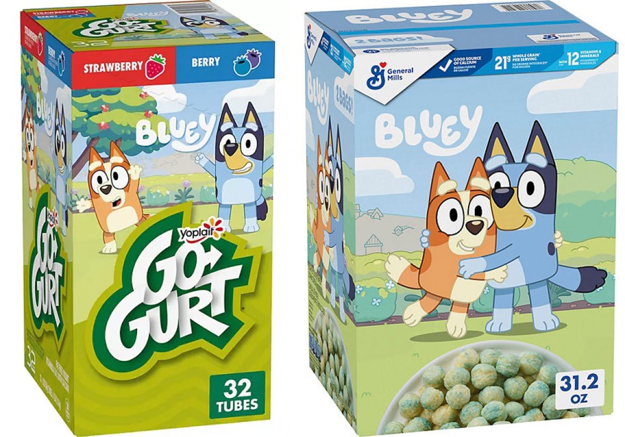 bluey go gurt and cereal boxes