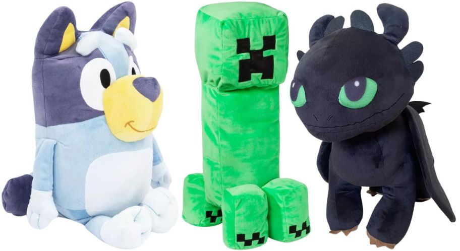 three stuffed character throw pillows