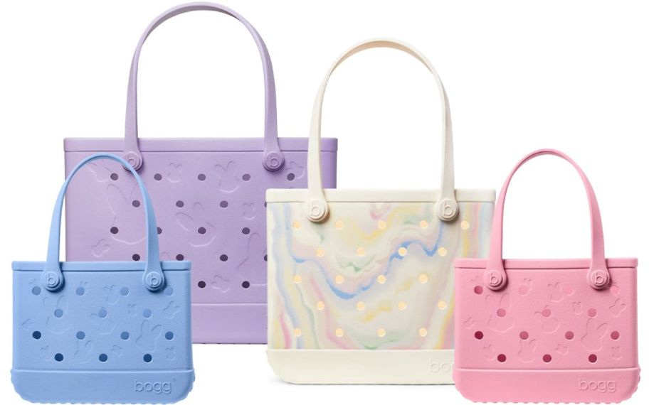 various sizes of Bogg Bag tote bags in pastel colors