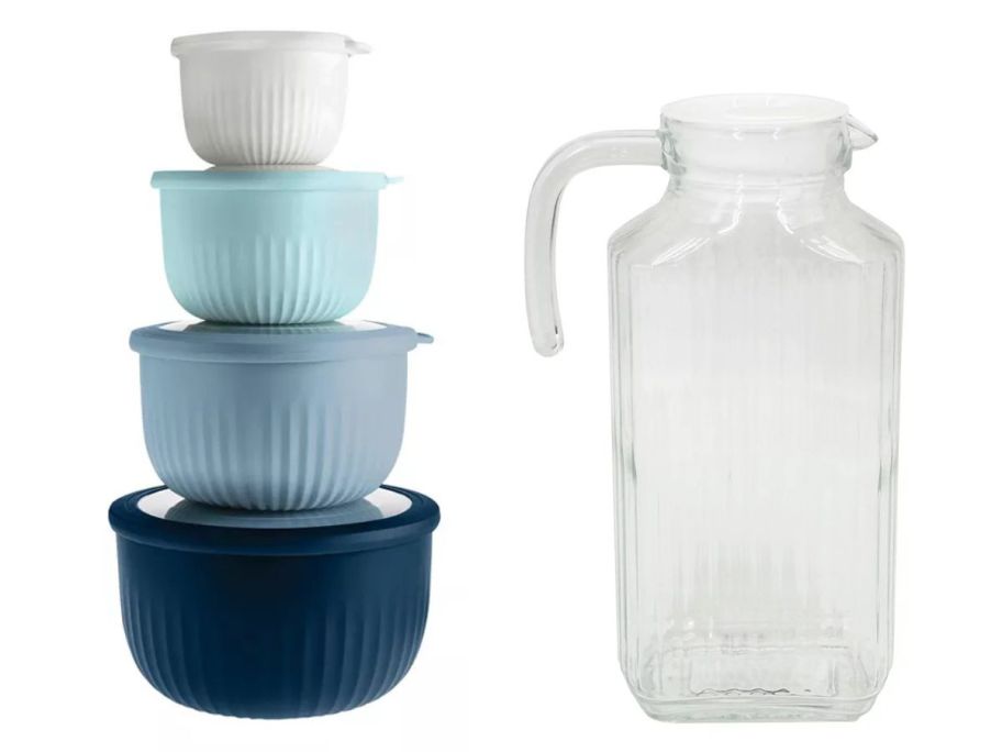 a 4 piece mixing bowl set with dark blue, light blue, light green, and white bowls and a glass pitcher