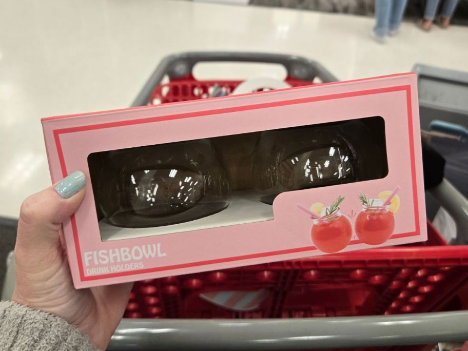 Fishbowl Drink Holder 2-Count box in hand in store