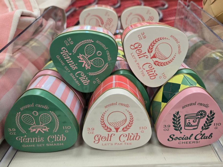 Club Scented Candles stacked on top of each other on shelf in store