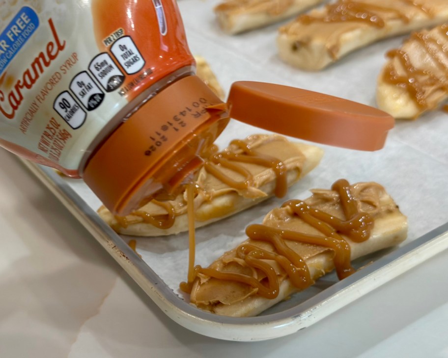caramel sauce drizzling over bananas