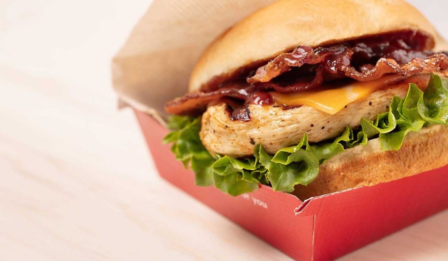 chic-fil-a smokehouse bbq sandwich in a container