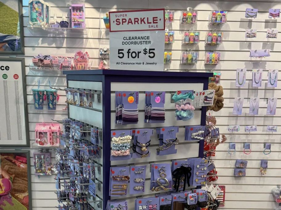 in-store image of Claires showing jewelry and hair items