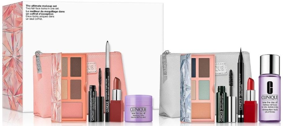 two clinique make up bags shown with 2 eyeshadow palettes, 2 lip sticks, liner, mascara, and makeup remover