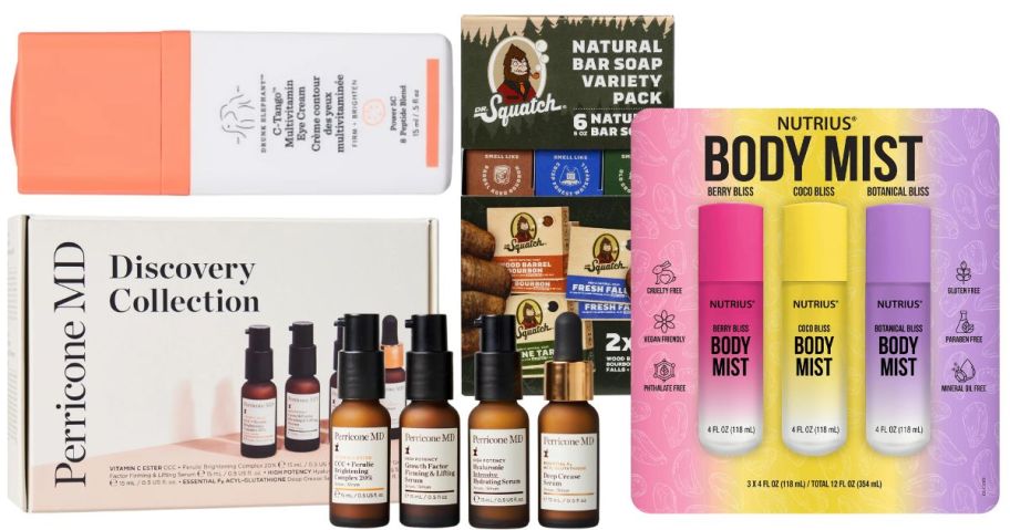 Perricone MD Discovery Serum Collection, Dr. Squatch Natural Bar Soap 6-Pack, Drunk Elephant C-Tango Multivitamin Eye Cream, and Nutrius Body Mist 4oz 3-Pack