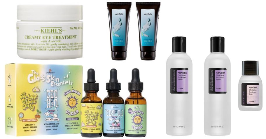 COSRX Aha/Bha Treatment Toner 3-Piece Set, Purifect The Glass Skin Essentials Serum 3-Pack, AHAVA Ocean Mist Hand Cream 3.4oz 2-Pack, and Kiehl's Creamy Eye Treatment w/ Avocado 0.95oz