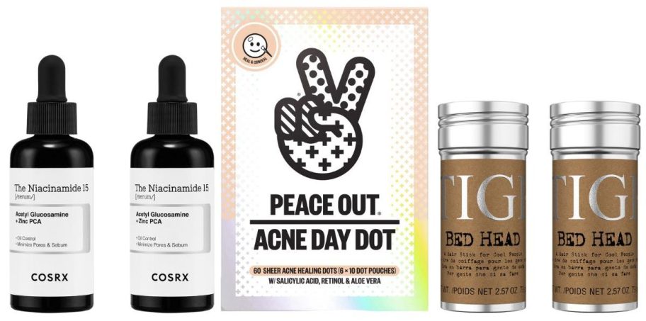 COSRX The Niacinamide 15 Serum 2-Pack, TIGI Bed Head Hair Wax Stick 2.57oz 2-Pack, and Peace Out Salicylic Acid Acne Day Dots